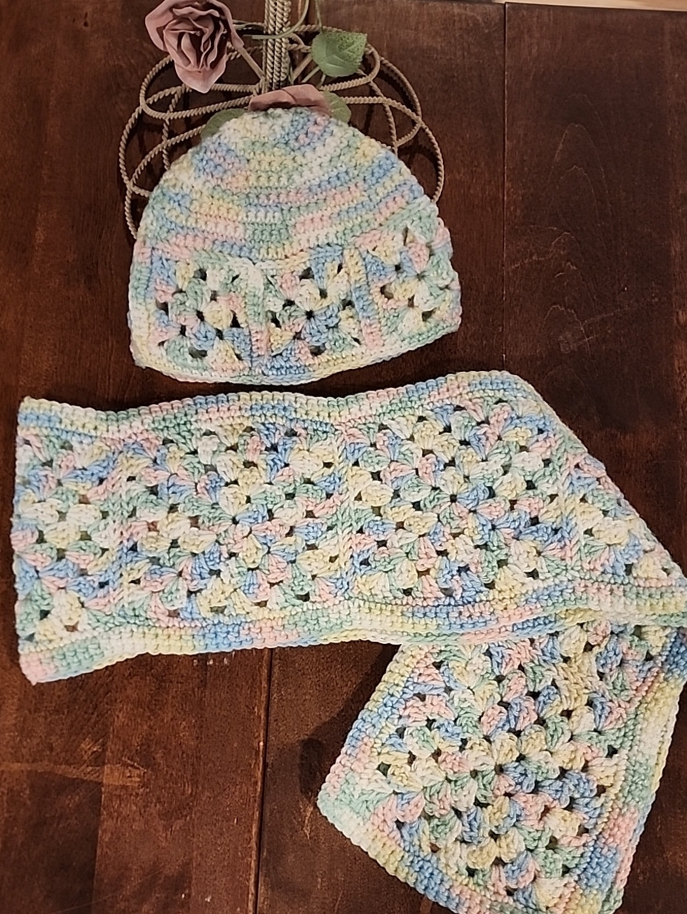 Handmade Pastel Multicolor Crochet Hat and Scarf Set - Kids Accessories